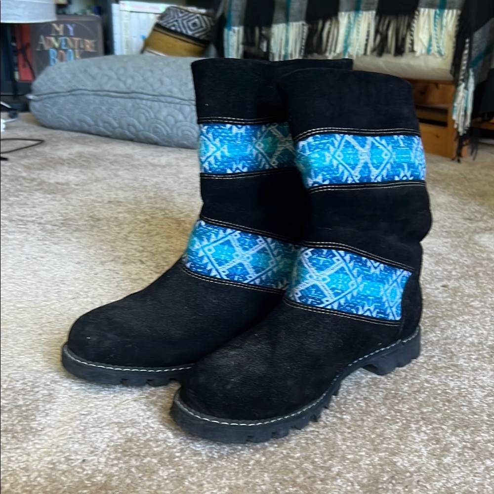 Black suede and Blue Aztec western  Patterned Boots